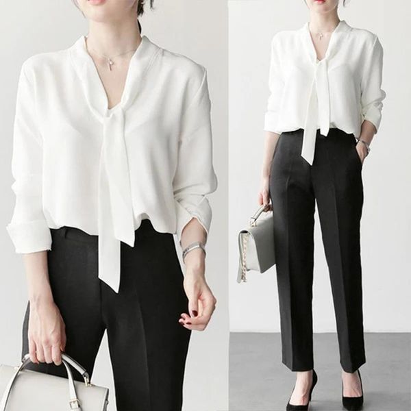 

women's blouses & shirts white chiffon shirt in spring and autumn 2021 long sleeve v-neck professional