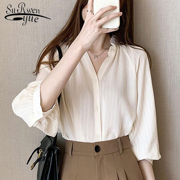 

cotton woman shirts plus size 4xl women blouses long sleeve 2021 autumn v neck office lady clothes female arrival 10481 women's &, White