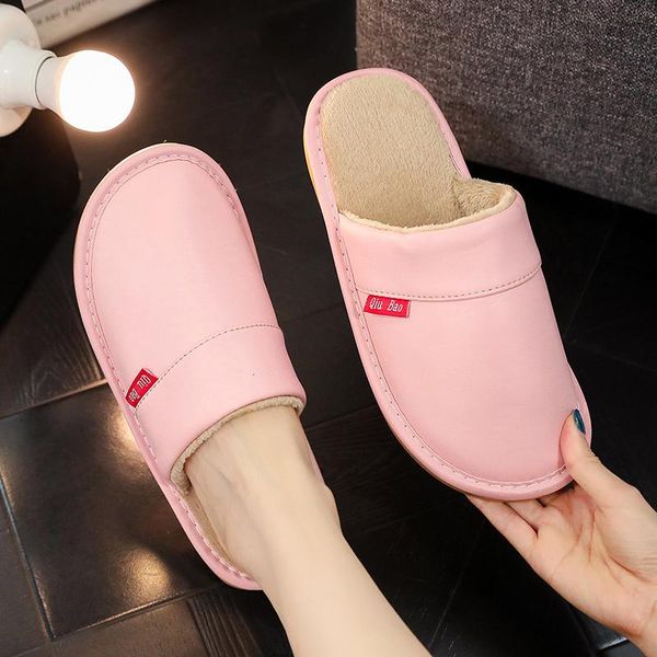 

slippers 2021 women pu leather waterproof home winter indoor non-slip warm plush couples house slides outdoor shoes, Black