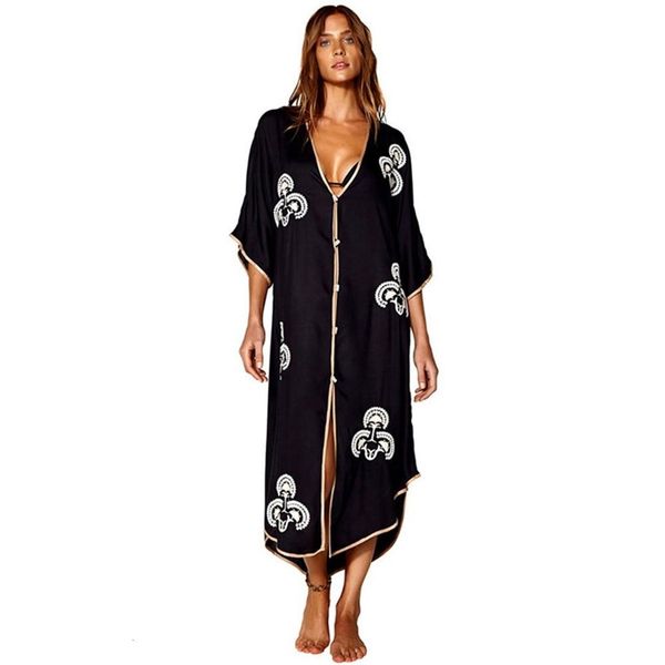 

casual dresses women bikini cover-ups swimwear print long kimono cardigan summer plus size cotton tunic beach wear swim suit cover up beachw, Black;gray