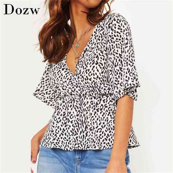 

summer chiffon blouses deep v-neck short flare sleeve leopard blouse shirt women casual plus size chemisier femme 210515, White