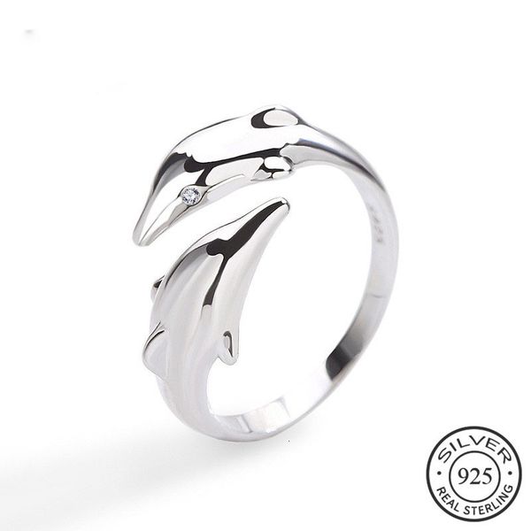 

love ring genuine 925 sterling silver smooth surface cute animal dolphin adjustable fine jewelry for women party bijoux gift, Slivery;golden