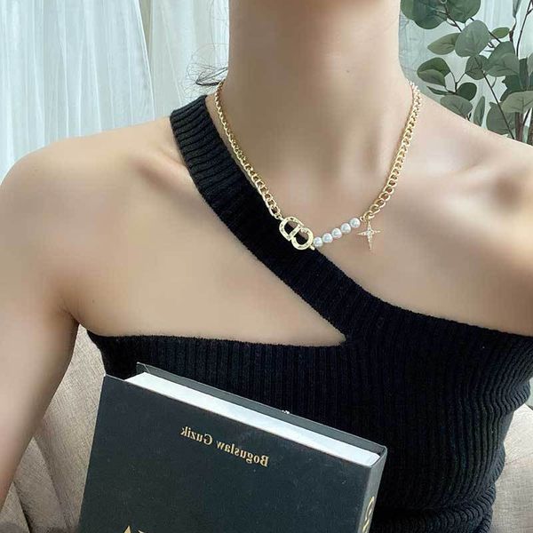 

luxury jewelry korean fashion letter clavicle chain women's cool style simple pearl temperament net red short necklace, Silver