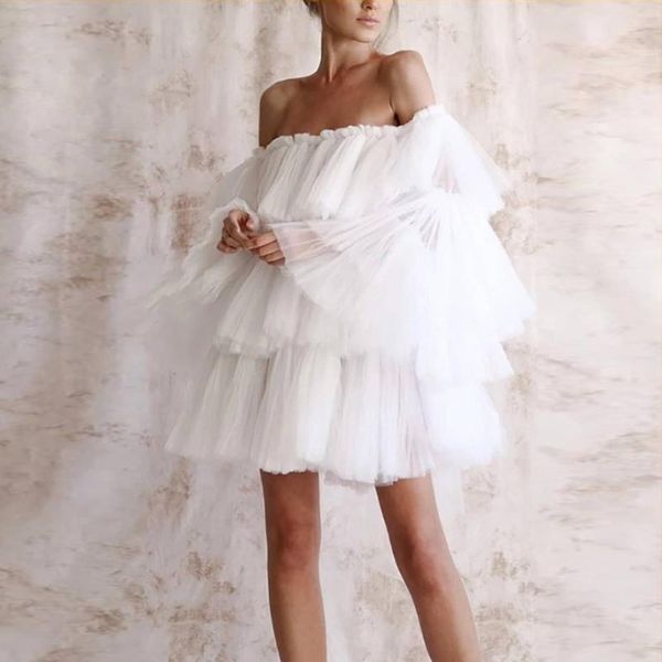 

casual dresses 2021 fashion white short women pink summer dress ruffles tiered off the shoulder puff sleeves tutu, Black;gray