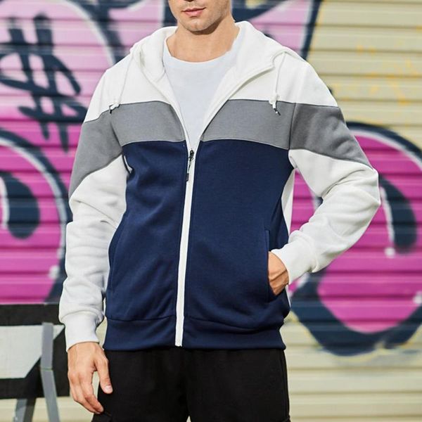 

men's jackets casual men hoodie coat color block zipper autumn winter hooded drawstring pockets sweatshirt male clothes for daily wear, Black;brown