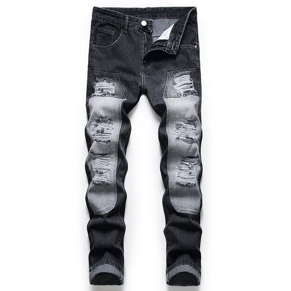 

men's jeans american streetwear fashion men retro black wash slim fit elastic ripped designer hip hop homme, Blue