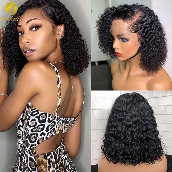 

lace wigs mishell deep wave front wig bob curly 13x4 human hair for black women water wavy frontal, Black;brown