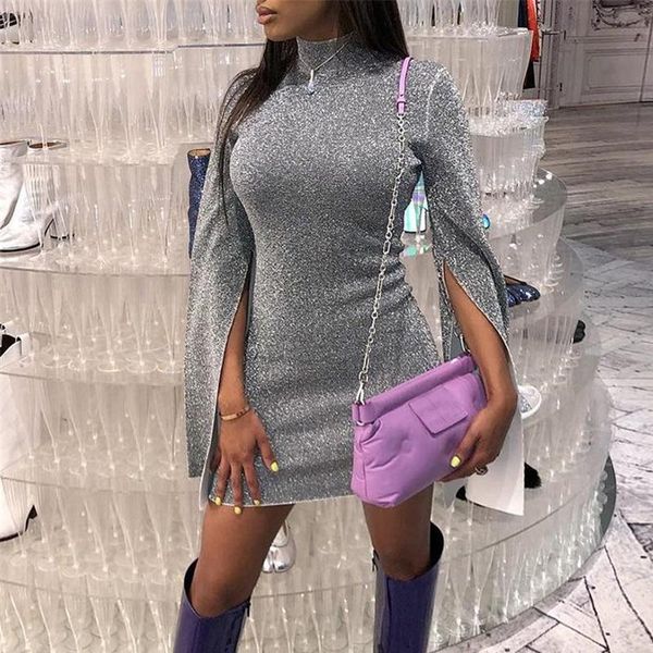 

casual dresses slit long sleeve bling dress turtleneck shiny silk bodycon mini club wear glitter party plus size xxl, Black;gray
