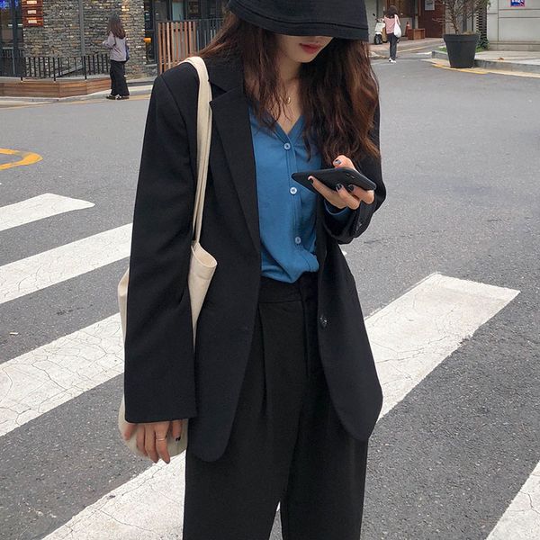 

3 colors korean style long sleeve solid color blazer womens jacket and coats single breasted vintage blazer womens (X1067), Black;brown