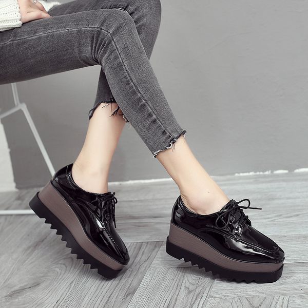 

dress shoes vintage sewing platform flats woman square toe thick bottom brogues ladies lace up creepers muffins derby a4p6, Black