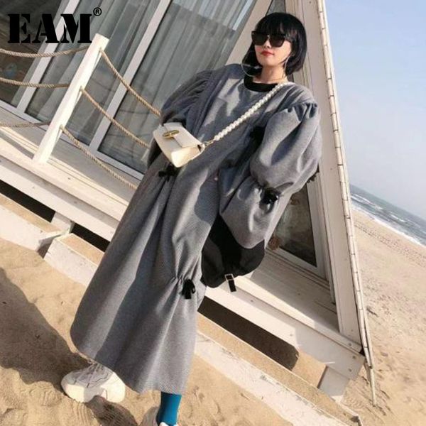

[eam] women big size pleated bow plaid sweatshirt dress round neck long sleeve loose fit fashion spring 1dd7470 21512, Black;gray