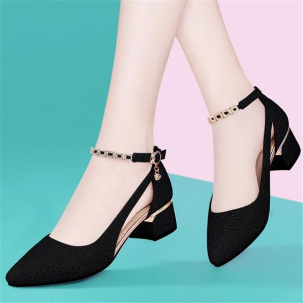 

fashion women summer sandals vintage buckle mid heel rhinestone pointed shoes zapatos mujer, Black
