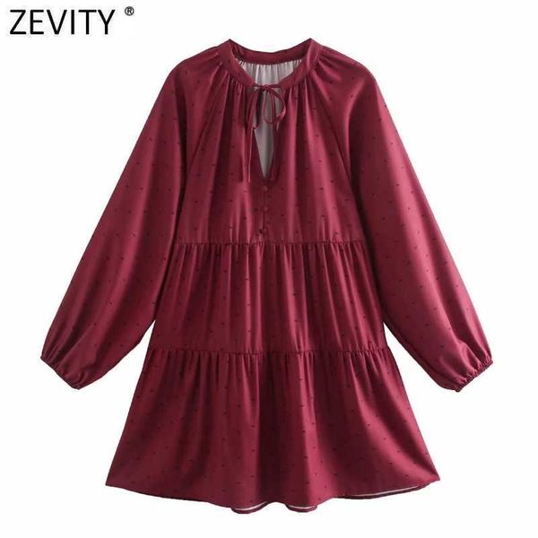 

zevity women sweet v neck lace up print pleats mini dress female long sleeve casual chic vestido ladies clothing ds4958 210603, Black;gray