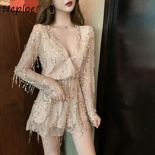 

casual dresses neploe deep v-neck sequined decoration women mini dress club bar entertainment woman short robe long sleeve fashion vest, Black;gray