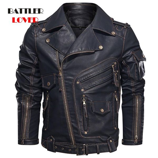 

men winter leather jacket man's fashion motorcycle biker jackets for male cool zipper pockets vintage punk coats plus size s-5xl men&#0, Black