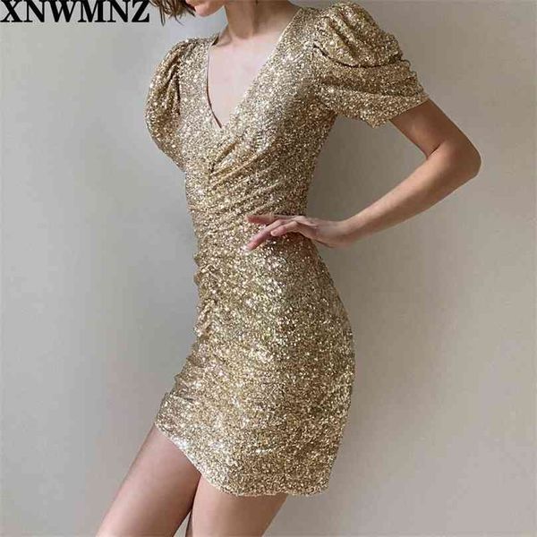 

v neck dresses women fashion slim golden sequined fold dress elegant sheath mini female ladies 210520, Black;gray