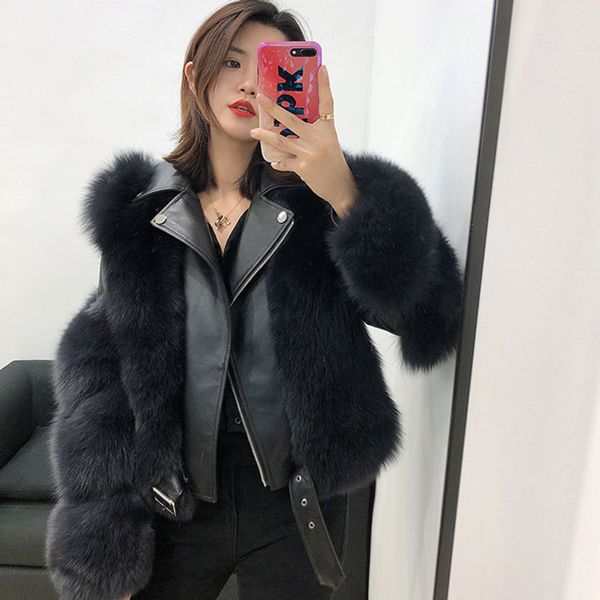 

short real fox fur coat long sleeve winter thick genuine fur jacket female black warm genuine fox fur outwear