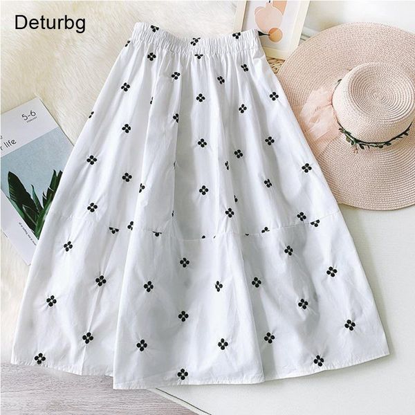 

women's brief floral embroidery midi skirt korean female casual high waist cotton white a-line skirts faldas 2021 summer sk757, Black