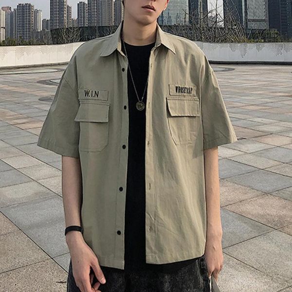

short sleeve tooling shirt turn-down collar summer men loose casual workwear men's shirts, White;black