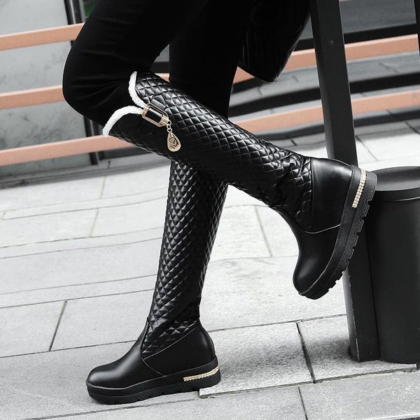 

women boots knee high square heels fashion round toe rubber sole woman leather shoes winter black