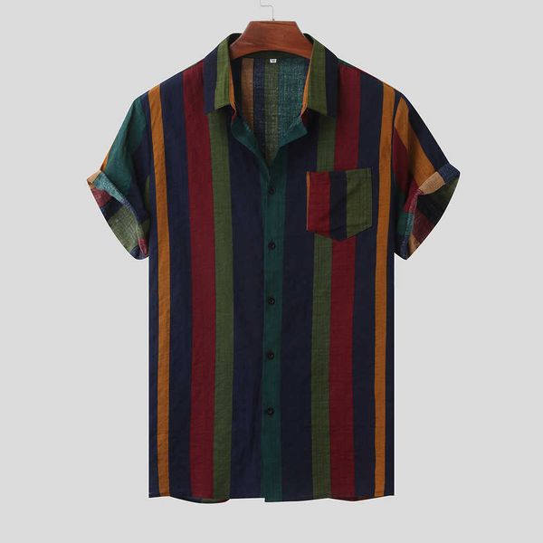

hawaiian shirt for men vertical colorful striped shirt mens cotton short sleeve chest pocket shirts men summer korean clothes 210527, White;black