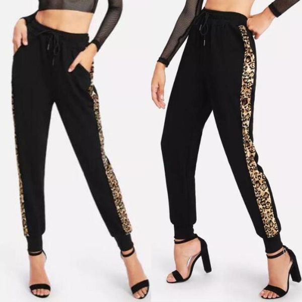 

women's pants & capris casual women leopard print stripe drawstring sweatpants sports long trousers, Black;white