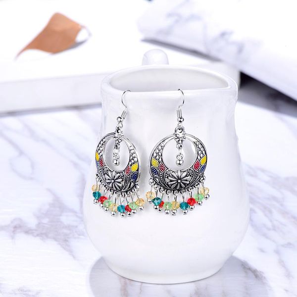 

dangle & chandelier bohemian beads tassel earrings for women retro hollow carved flower shaped drop charm geometric jewelry gift, Silver