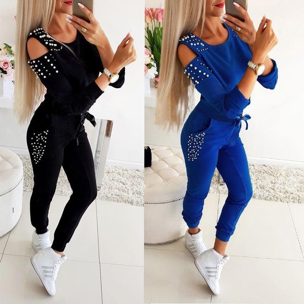 

autumn 1 2 sleeve womens tracksuits casual beading decor off shoulder sport bandage elastic pencil pants femme two, Gray