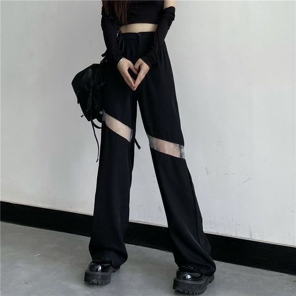 

women's pants & capris women solid color lace stitching wide-leg pant thin summer new loose high waist oversize female fashion cas, Black;white