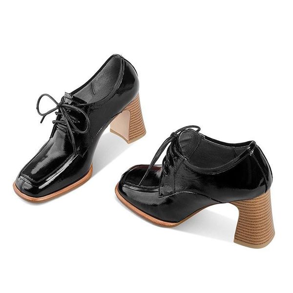 

dress shoes 2021 autumn chunky square head deep-mouth thin women's leather large lace-up fashion high heels quality, Black