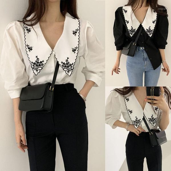 

ladies french retro temperament big lapel delicate embroidery shirt women's blouses & shirts, White