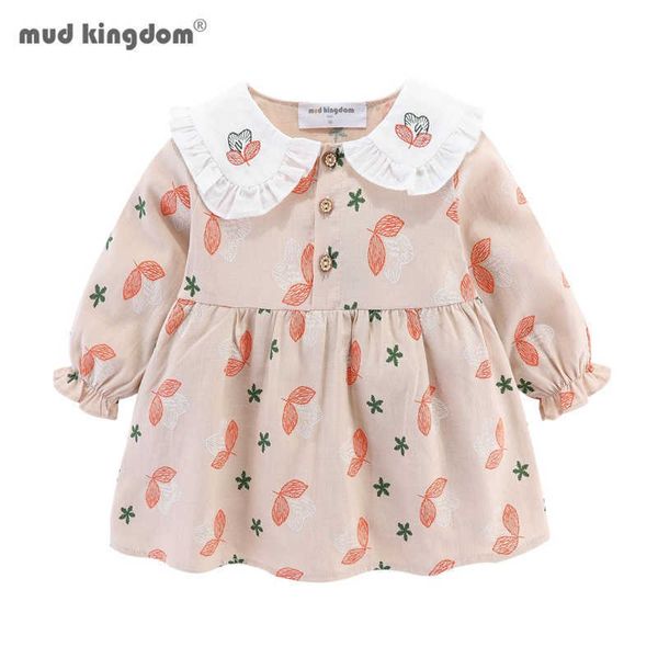 Mudkingdom Stickerei Blumen Baby Mädchen Kleider Langarm Spitze Blumen Kragen Blatt Kleid für Kleidung Frühling Kinder Kleidung 210615