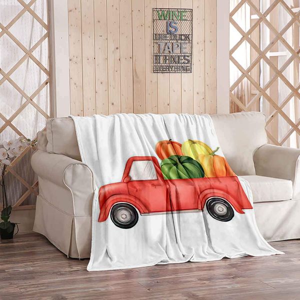 

Kuidf Thanksgiving Red Truck Throw Blanket, Watercolor Cartoon Harvest Pumpkin Vegetables Vintage Flannel Bedding Blankets