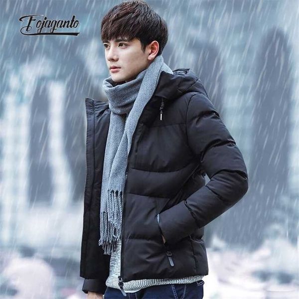 Focoaganto Men's Winter Quente Com Capuz Parka Cor Sólida Cintura Curta Jaqueta Juventude Juventude Coreano Moda Tendência Revestimento Dos Homens 211214