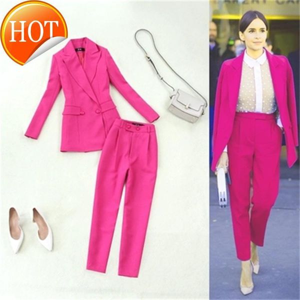 

suit female large size fashion women summer rose red double-breasted high waist feet pants two-piece women's two piece, White