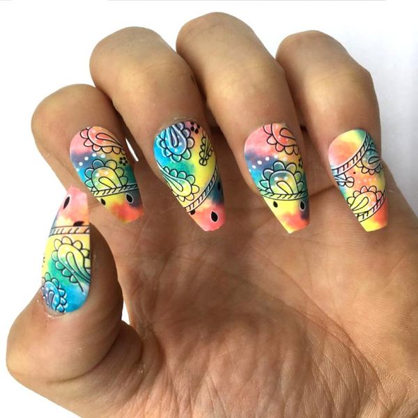 

colourful fake nails matte press on decal coffin shape false nail, Red;gold