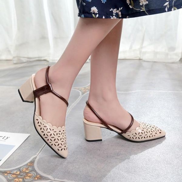 

spring and summer pointy thick heel medium high baotou sandals for women, Black