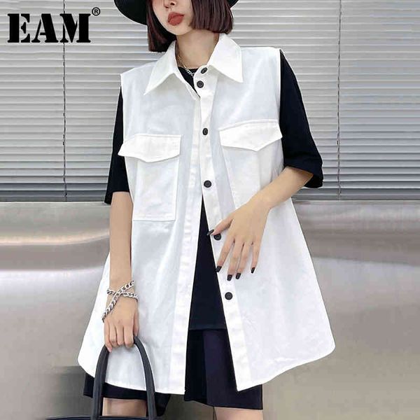 

[eam] women loose fit casual white long big size pockets vest lapel sleeveless fashion spring summer 1dd8422 21512, Black;white