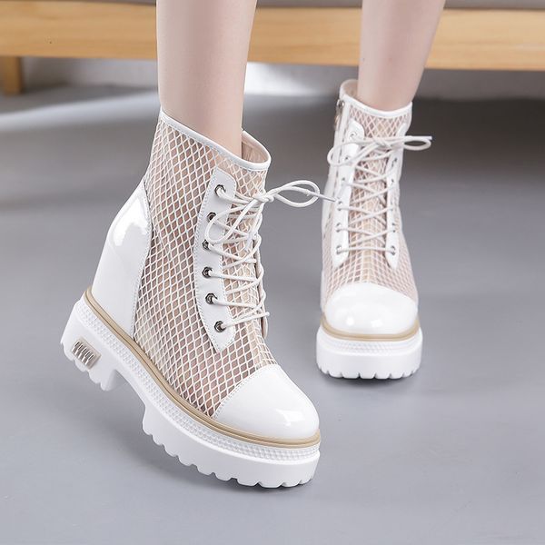 

boots mesh hollow breathable women's autumn thick bottom inner high tube boots lightweight and fashionable sandals, Black