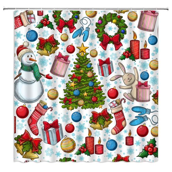 

christmas shower curtain,snowman tree ornament balls snowflake bells berry wreath holiday illustration fabric bathroom