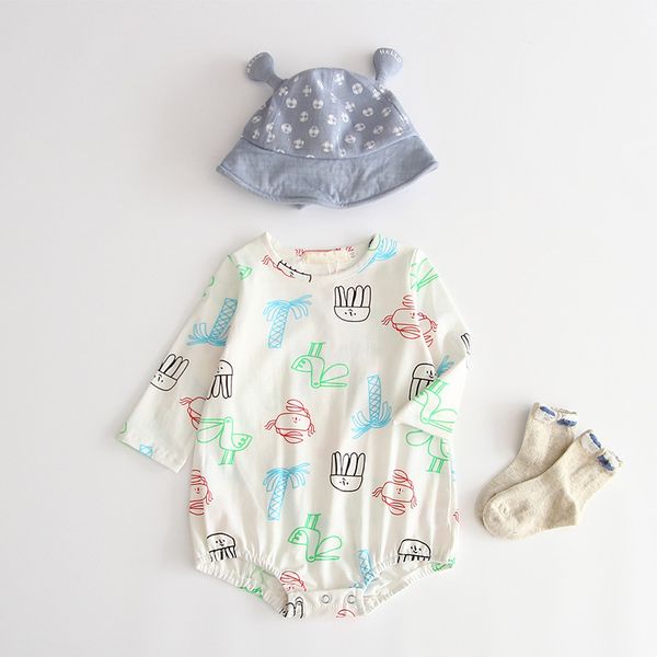 

baby girl jumpsuit autumn korean version printed long-sleeved romper + hat set toddler bag fart 210515, White