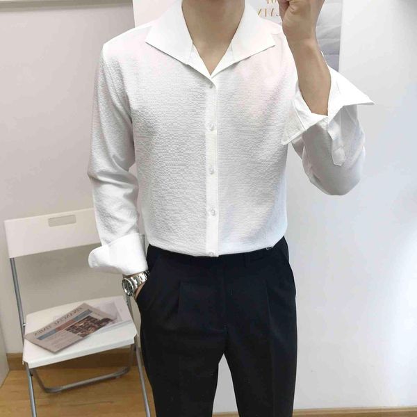 

men's casual shirts british men's long sleeved shirt, v-neck solid color street clothes, summer business shirt, White;black