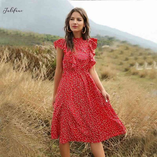 Schmetterlingshülse Dot Print Rüschen Frauen Sommerkleid Dame Mode Eine Linie Rote Chiffon Kleider Ausgestattet Kleidung Elegante Vestid 210325