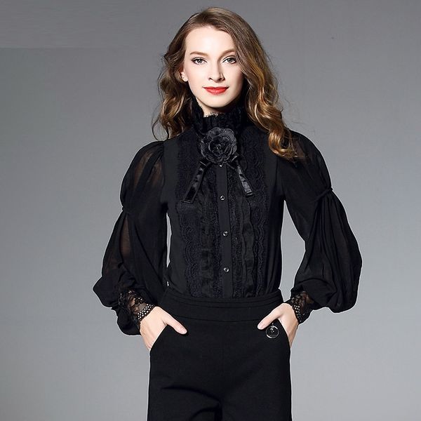 

capris 2021 spring summer women ruffled collar lace patchwork lantern sleeve vintage blouse female elegant shirt, Black;gray