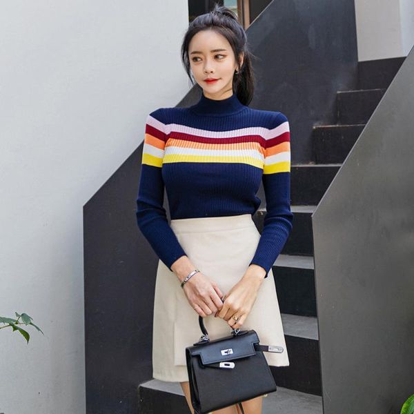 

women's sweaters 2021 autumn and winter korean temperament self-cultivation simple color matching striped knitted sweater bottoming wom, White;black