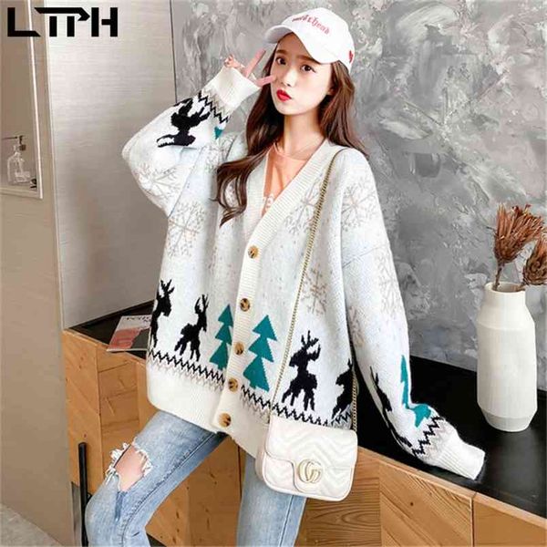 

ltph autumn winter christmas cardigan women sweater loose fashion casual knit small tree coat v-neck long sleeve sweaters 210423, Black;brown