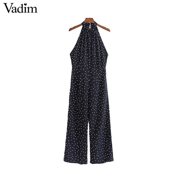 

women's jumpsuits & rompers vadim women stylish dot print pockets back zipper backless chic female casual retro playsuits ka974, Black;white