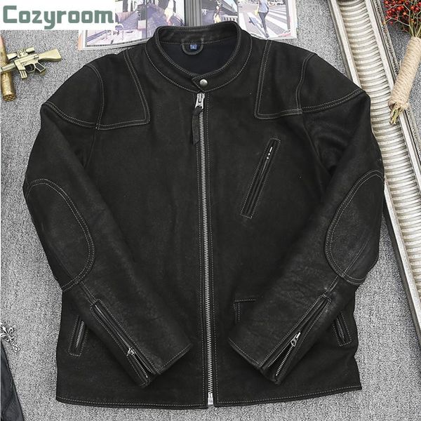 

black motorcycle style genuine leather jacket men large size 3xl real natural cow suede spring slim fit short biker coat men's & faux