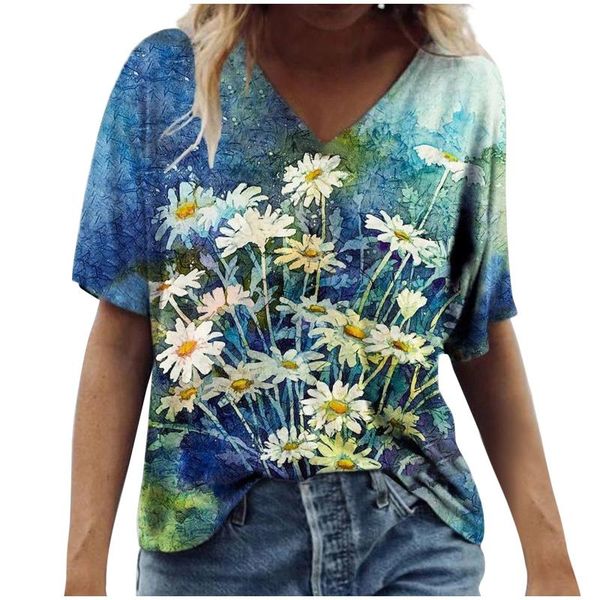

women's t-shirt flower pattern t-shirts plus size fashion casual scenic flowers printing round neck girls t shirt, White