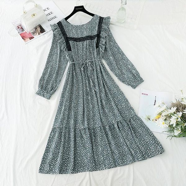 

casual dresses elegant round neck ruffles women dress full sleeve elastic waist female chiffon 2021 spring midi vestidos femme, Black;gray